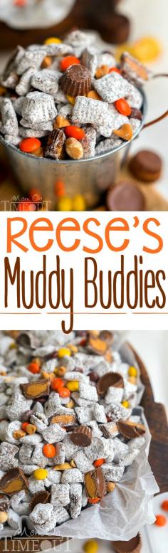 Reese's Muddy Buddies are taken to the next level in this amazingly delicious and easy dessert recipe! Reese's all the things! Reese's Pieces, Reese's Peanut Butter Chips, Reese's Minis, and Reese's Miniatures are all perfectly happy sharing space in this powdered sugar coated wonder land known as Muddy Buddies. | MomOnTimeout.com