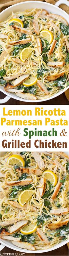 
                    
                        Lemon Ricotta Parmesan Pasta with Spinach and Grilled Chicken - this pasta is AMAZING! Delicious flavor and easy to throw together!
                    
                