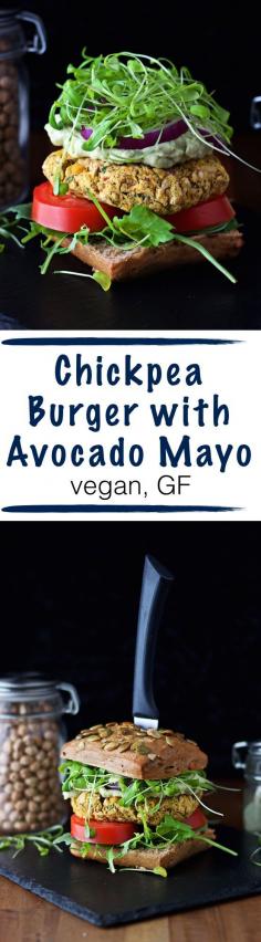 This #vegan Chickpea #Burger only has very few ingredients but is majestically delicious and oh-so pretty! It comes with a #homemade avocado mayo and is super rich in taste. Full of freshness with tomatoes, arugula, and cress - or whatever satisfies your tastebuds!