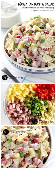 Hawaiian Pasta Salad is literally one of the most delicious cold pasta salad recipes! Pasta combined with ham and sweet pineapple and tossed with a delicious homemade dressing is the perfect combination! pasta recipes, easy pasta recipes, chicken pasta recipes, healthy pasta recipes, pasta recipes easy, italian pasta recipes, chicken and pasta recipes, penne pasta recipes, vegetarian pasta recipes, simple pasta recipes, shrimp and pasta recipes, quick pasta recipes