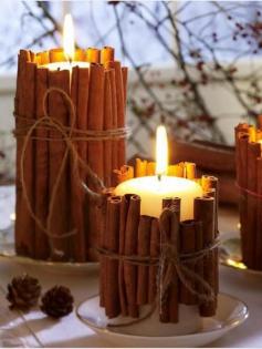 Tie cinnamon sticks around your candles. the heated cinnamon makes your house smell amazing. good holiday gift idea too. Would be nice to have at Christmas time...