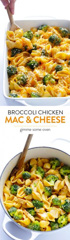 
                    
                        Broccoli Chicken Mac & Cheese -- easy to make, super tasty, and you can serve it stovetop-style or baked | gimmesomeoven.com
                    
                