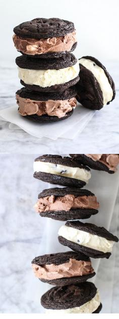LACTOSE-FREE DOUBLE CHOCOLATE CHIP COOKIE ICE CREAM SANDWICHES: 1 c. lactose-free butter, 3/4 c. granulated sugar, 3/4 c. light brown sugar, 2 eggs, 1 tsp. vanilla, 2 c. AP flour, 1 tbsp. espresso powder, 2/3 c. Dutch process cocoa, 1 tsp. baking soda, 1/2 tsp. Kosher salt, 2 c. lactose-free dark chocolate chunks, 2 (14-oz.) pkg. lactose-free ice cream