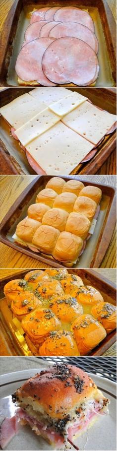 Ham  Swiss Sliders, king hawaiian savory butter dinner rolls, 1 lb ham, 1lb swiss cheese, 1 1/2 sticks butter, 1 1/2 tsp dried mustard, 2 tbsp Worcestershire sauce, 1 tsp onion,  2 tbsp poppy seeds, 350 F, 12 - 20 min.