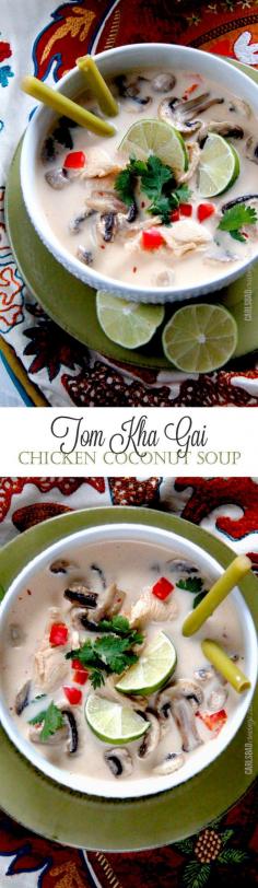 Tom Kha Gai (Chicken Coconut Soup) | every bit as delicious as your favorite Thai restaurant and on your table in less than 30 MINUTES! Warm coconut broth infused with lemongrass, red curry, ginger, and basil, with thinly sliced tender chicken, mushrooms and red bell peppers. Refreshing with layers of tantalizing spices.