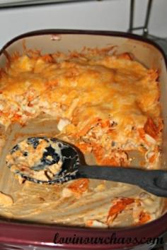Chicken Dorito Casserole - Ingredients: 3-4 BSCB baked 1 regular sized bag of original Doritos 1 can Cream of Mushroom 1 can Cream of Chicken 3/4 cup Milk Shredded Cheese Step 1: I like to pre-bake my chicken breasts and I tend to do it the same way for most of my recipes. Sprinkle with Pampered Chef Southwest Seasoning and Garlic salt in bottom of baker. Step 2: Place BSCB in baker, sprinkle the tops of the chicken with same seasonings and bake for 25-30 min on 375 Step 3: While waiting for chicken to bake, combine both cans of Cream of Mushroom and Cream of Chicken in a bowl, along with milk and stir. This will make the ‘saucy’ portion of the dish. But being the goober that I am sometimes, I totally missed taking a picture of this step, so you will just have to take my word on it. Step 4: After taking the chicken out of baker, add a layer of Doritos to the bottom. Step 5: Chop Chicken breasts up and place a layer of chicken on top of Doritos. Step 6: Add the creamy sauce on top of the chicken. (NO picture…sorry.) Step 7: Add any remaining Doritos on top and finish with a layer of shredded cheese. (I use the Mexican shredded blend from Costco and tend to be VERY generous with my layer!) Step 8: Bake in over on 375 – 400 for 15 -20 minutes or until heated through and cheese is melted. And then serve this yummy (but certainly not low-fat or ‘healthy) casserole to all the Dorito lovers in your life and I promise that it will be gone in a few minutes…mine always is!