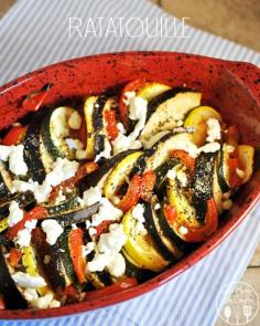 ratatouille // 1 small zucchini - sliced in ¼" rounds 1 small yellow summer squash - sliced in ¼ " rounds ¼ red pepper - sliced/diced 1 small eggplant - sliced in ¼" rounds ¼ white onion - diced 2 garlic cloves - minced 1 TBSP Italian seasoning 1 to 2 TBSP olive oil 1 14.5 oz can diced tomatoes 4 sprigs fresh thyme a few sprinkles of Italian seasoning salt and pepper to taste goat cheese (to sprinkle on top)