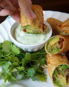 Avocado Egg Rolls with Creamy Cilantro Ranch Dip #Avocado #Eggrolls #Cilantro #Appetizers #Starters #Healthy #Yum #Eats