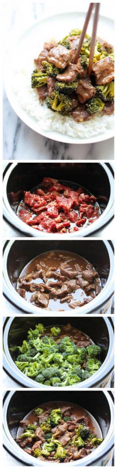 Slow Cooker Beef and Broccoli - A Chinese take-out favorite that can be made right in the slow cooker – no sauteing, no stirring, no frying. It doesn’t get easier than that! 1 cup beef broth 1/4 cup soy sauce 1/4 cup oyster sauce 1/4 cup Imperial Sugar Light Brown Sugar 1 tablespoon sesame oil 3 cloves garlic, minced 2 pounds boneless beef chuck roast, thinly sliced 2 tablespoons cornstarch 2 heads broccoli, cut into florets
