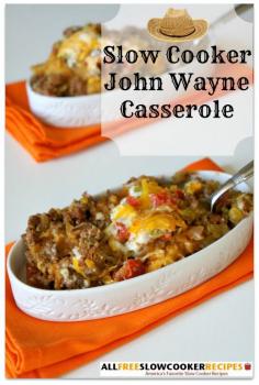 This recipe for Slow Cooker John Wayne Casserole is a cowboy casserole recipe that can't be missed! This delicious and easy slow cooker ground beef recipe is meaty, cheesy, and packed with flavor. crockpot recipes, easy crockpot recipes, chicken crockpot recipes, healthy crockpot recipes, crockpot recipes for two, best crockpot recipes, crockpot recipes for chicken, crockpot chicken recipes, crockpot recipes chicken, crockpot soup recipes