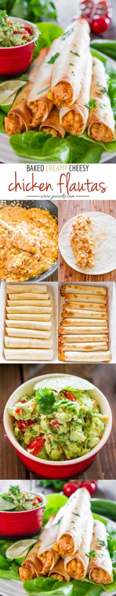 
                    
                        Baked Creamy Cheesy Chicken Flautas with Guacamole
                    
                