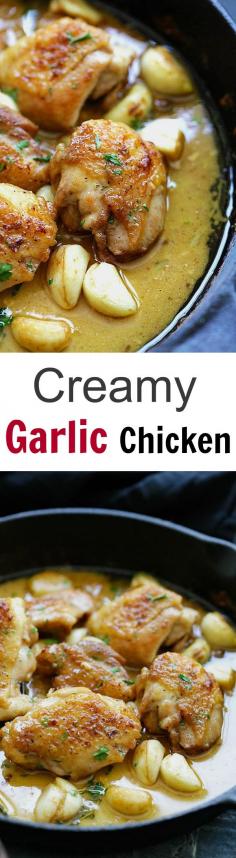 
                    
                        Creamy Garlic Chicken – crazy delicious skillet chicken with creamy garlic sauce. Perfect with pasta and dinner is ready in 20 mins | rasamalaysia.com
                    
                