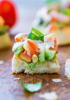 Avocado, Tomato & Mozzarella Crostini via Averie Cooks