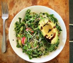 Asparagus, arugula, sprouts and avocado salad