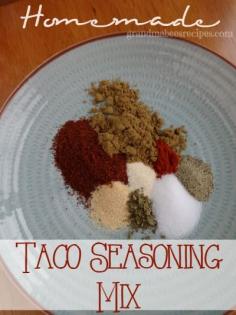 Homemade Taco Seasoning Mix - use 3T and 1C water per Lb ground beef...1T chili pwd, 1t salt, 1t pepper, 2t cumin, 1/4t paprika, 1/4t oregano, 1/4t garlic pwd, 1/4t onion pwd, 1/8t cayenne