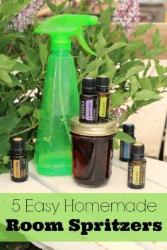 5. Stop and Smell the Flowers  Combine 3 drops Lavender essential oil + 3 drops Geranium essential oil + 2 drops Clary Sage essential oil + 2 drops Grapefruit essential oil in 8 oz of water.  5 Easy Room Spritzers (no diffuser required!) Includes free printable labels.