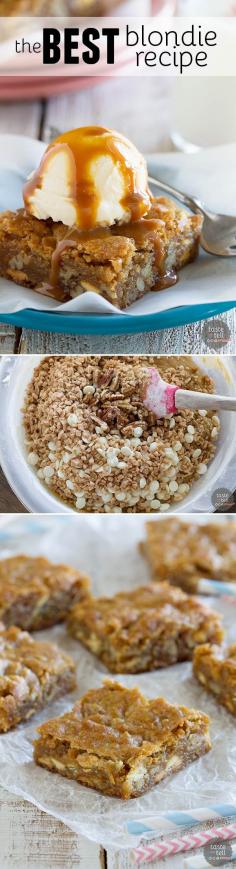 
                    
                        Everyone needs The Best Blondie Recipe - and this is the one I love! Filled with pecans, white chocolate chips and toffee pieces, every bite is sweet and rich and buttery.
                    
                
