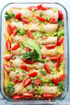 Overnight Breakfast Enchiladas - Flour Tortillas filled with turkey sausage, green onions, peppers and cheese, covered in a creamy egg batter and baked. A delicious breakfast casserole that can be prepped the night before and baked the next day! Get the recipe on diethood.com
