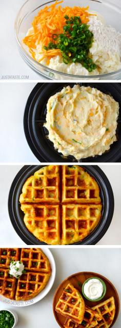 Cheesy Leftover Mashed Potato Waffles #recipe from justataste.com potato recipes, easy potato recipes, potato recipes for dinner, mashed potato recipes, red potato recipes, potato recipes easy, healthy potato recipes, potato recipes side dish, chicken and potato recipes, grilled potato recipes, roasted potato recipes, irish potato recipes