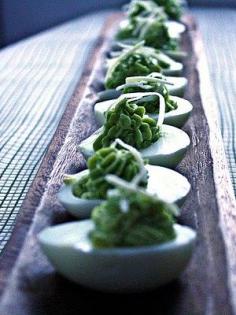 Green Eggs and Ham - March 2, 2013 - Dr. Seuss's birthday     Guacamole Deviled Eggs and Spicy Ham Rolls (http://the-good-plate.com/?p=339#hamrolls)