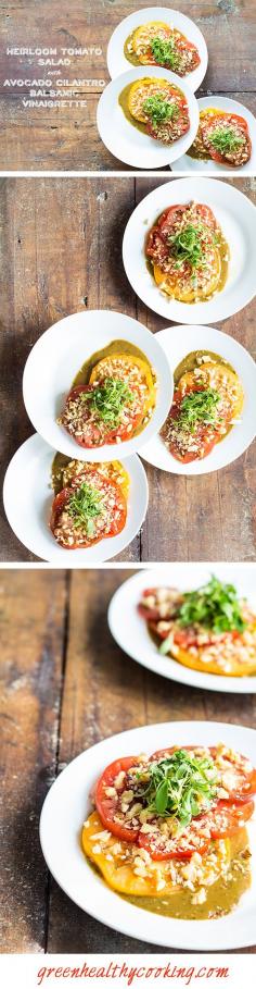 A recipe for Heirloom Tomato Salad with Avocado Cilantro Balsamic Vinaigrette! An appetizer that is light, fresh, delightful and absolutely gorgeous.