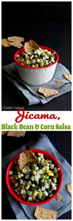 
                    
                        Jicama, Black Bean and Corn Salsa Recipe...Great with chips, or served on fish or chicken! 40 calories and 1 Weight Watchers PP | cookincanuck.com #vegetarian #vegan
                    
                