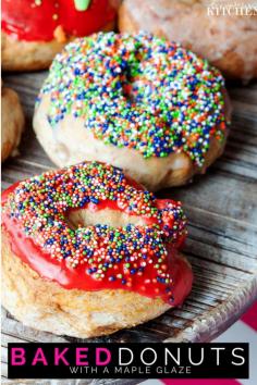 Delicious recipe for Baked Donuts with a maple glaze. What a fun dessert recipe or breakfast recipe to make with the kids!