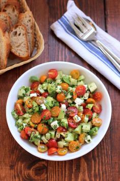 Tomato, cucumber, avocado salad. A cool, easy salad for summer. No cooking required