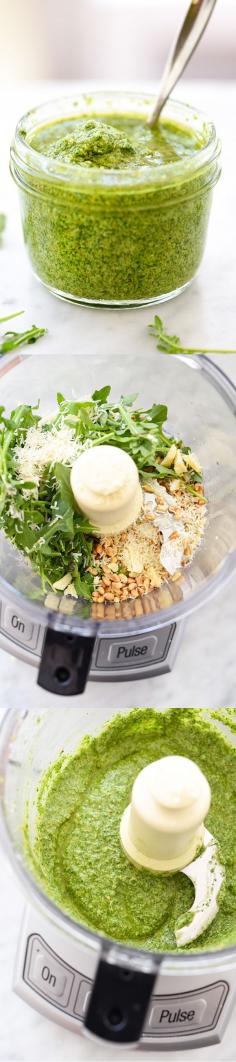 
                    
                        Arugula is a plentiful substitute for basil in one of my favorite pestos that goes great on chicken, pasta or veggies | foodiecrush.com
                    
                