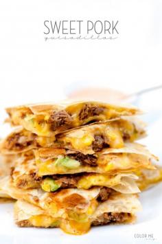 sweet pork quesadillas & spicy ranch ^^^ 1 1/2 C sweet balsamic pork, shredded 1 C sweet corn 1 small can diced green chili hot sauce 6 uncooked tortillas 2 cups shredded mexican cheese 1/2 cup ranch ^^^ cook tortillas one at a time, cover, and set aside. place cooked tortilla on skillet, cover with cheese, meat, corn, green chili, hot sauce, more cheese, and another tortilla. flip once crisped up. combine 2 Tbs of your favorite hot sauce with ranch dressing as a sauce.