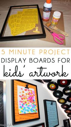 KIDS ART DISPLAY BOARDS: Turn an inexpensive photo frame into a stylish display board to showoff your kids' art work! Sheet music adds a fun touch for a creative playroom! And hanging with Command Brand Picture Hanging Strips ensures that the display boards stay securely in place while children taken put their art up and take it down.
