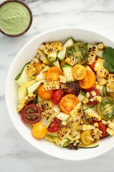 
                    
                        Summer Squash Ribbon Salad with Grilled Corn, Heirloom Cherry Tomatoes + Creamy Cilantro-Pepita Dressing
                    
                