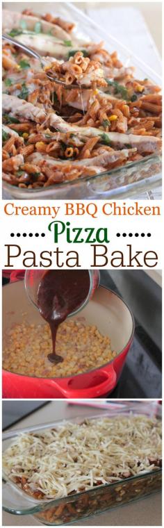 Creamy BBQ Chicken Pizza Pasta Bake! Simple weeknight dinner the whole family enjoys....plus only takes 30 minutes from start to finish! #chicken #dinner #pasta #recipe