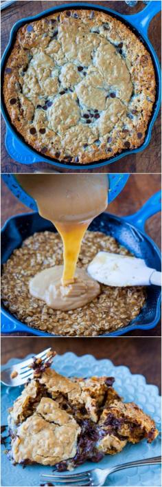 Chocolate Chip Peanut Butter Oatmeal Skillet Cookie - 3 favorite cookies combined into 1 giant cookie! So easy & ready in 25 minutes. Pop it in before dinner & enjoy! For S' birthday