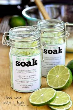 DIY Gifts : Good Ideas For You | DIY Lime Mint Foot Soak - DIY Refashion To make the foot soak, combine 2 cups of Epsom salts with 1/2 cup baking soda and zest of one lime in a large bowl, and add 3-4 drops of lime essential oil and 3-4 drops of peppermint essential oil. Stir with wooden spoon to mix thoroughly. (optional, you could add just a drop of green food coloring if you’d like) Pour the mixture into a jar or bag, and use within a few weeks.