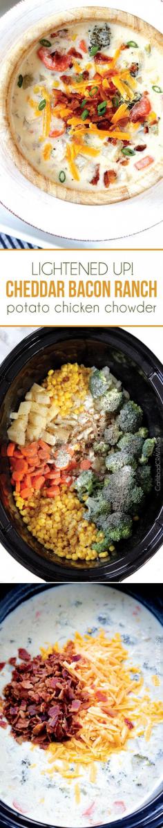 flavor packed, EASY creamy, cheesy comforting Slow Cooker Cheddar Bacon Ranch Potato Chicken Chowder - your favorite stuffed baked potato deconstructed into the ultimate comfort soup with NO butter or cream! #broccolicheesesoup #chowder #potatosoup