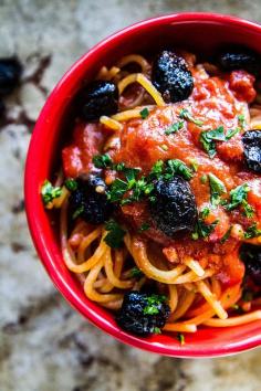 Pasta Puttanesca with zucchini pasta