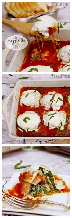 Baked Mozzarella Chicken Rollups, stuffed with sauteed spinach and ricotta! Make without bread crumbs