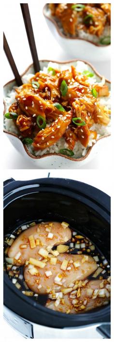 Slow Cooker Teriyaki Chicken 2 lbs boneless, skinless chicken breasts 2 cloves garlic, minced 1/2 cup chopped white onion 1/2 cup honey 1/2 cup soy sauce (use low-sodium if desired) 1/4 cup rice wine vinegar 1 Tbsp. chopped fresh ginger 1/8 tsp. freshly ground black pepper 1/4 cup cold water 3 Tbsp. cornstarch (optional toppings: sliced scallions and toasted sesame seeds)