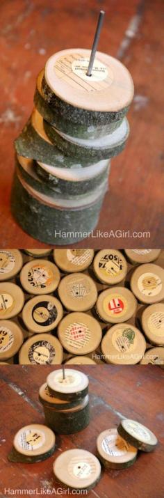 Learn how to make these stacked coasters made from branch slices - with concentric circles of ephemera applied to the surfaces.