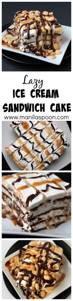 
                    
                        Layers of your favorite ice cream sandwich,  whipped cream, chocolate fudge and caramel sauces and sprinkled with nuts (and some more sauce on top!) - this Lazy Ice Cream Sandwich Cake is summer's yummiest treat! Did I mention it is crazy EASY to make?
                    
                