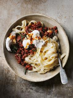 chorizo bolognese with buffalo mozzarella
