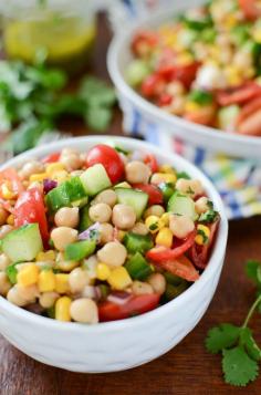corn & chickpea fiesta salad with cilantro lime vinaigrette