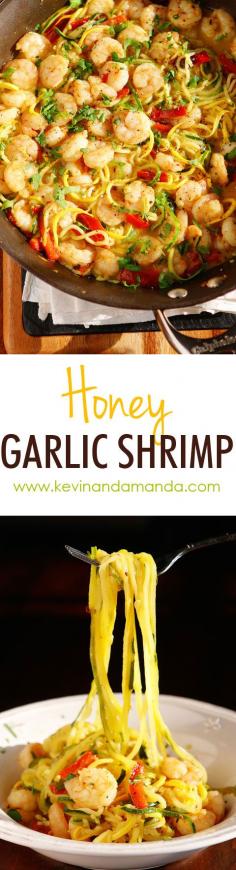 The PERFECT summer recipe!! Sautéed shrimp and red bell peppers poured over a bed of spiralized zucchini and yellow squash. So easy and delicious!