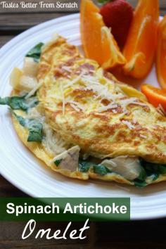 Time to make breakfast! This Spinach Artichoke Omelet is great for breakfast, lunch or dinner! Healthy and delicious, not to mention EASY!