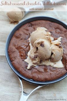 Salted Caramel Chocolate Skillet Brownie with Caramel Icecream