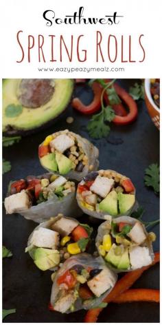 Grilled Chicken, a high protein Southwest Veggie Blend, fresh avocado, fresh cilantro, and fresh sliced red peppers, all wrapped together in a rice paper spring roll wrapper. Southwest Spring Rolls are yummy! #ad #Everydayeffortless @TysonRecipes @Walmart Birds Eye- Eazy Peazy Mealz