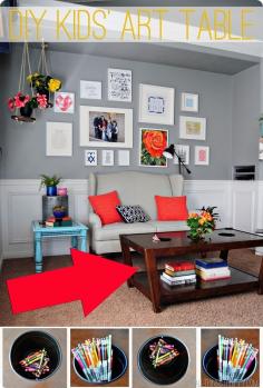 DIY: Kids' art table with containers for crayons and colored pencils!