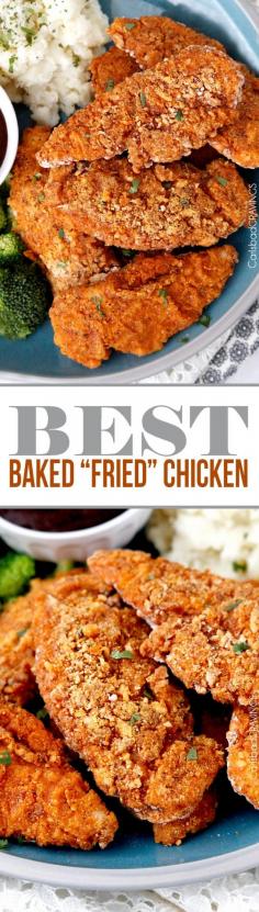WOW! Hubby and I were super fans. seriously the BEST Baked "fried" chicken! Crispy chicken marinated in spiced buttermilk then breaded with flour, panko, cornmeal and spices then baked in a little butter -tastes better than KFC without the grease and guilt! #KFCchicken #bakedfriedchicken #friedchicken