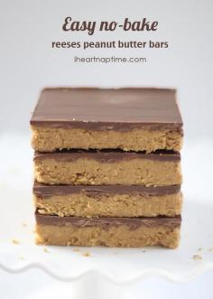 Easy no-bake chocolate peanut butter bars on iheartnaptime.com ...these are better than reeses! Reeses peanut butter no-bake bars Ingredients: 1 cup salted butter (melted) 2 cups keebler graham cracker crumbs 1/4 cup brown sugar 1 3/4 cup powdered sugar 1 cup peanut butter 1/2 tsp. vanilla 1 (11 oz) bag milk chocolate chips Directions: 1. Combine all ingredients, except chocolate chips in a medium sized bowl. Stir until the mixture is smooth and creamy. 2. Pour peanut butter mixture into a 9x